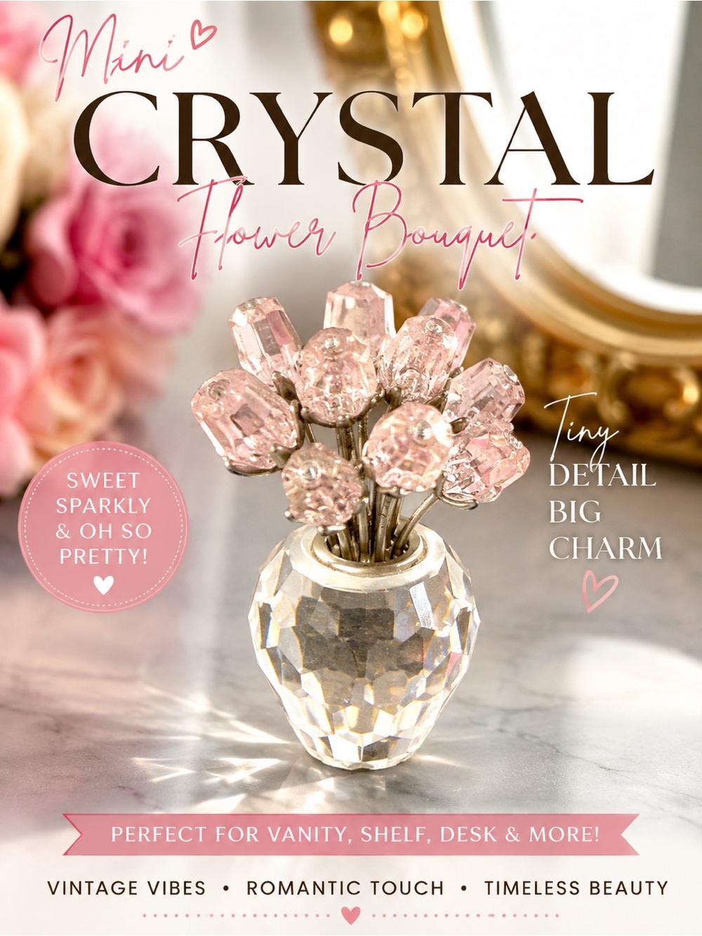 Mini Crystal Pink Flower Bouquet Faceted Glass Vase Floral Figurine